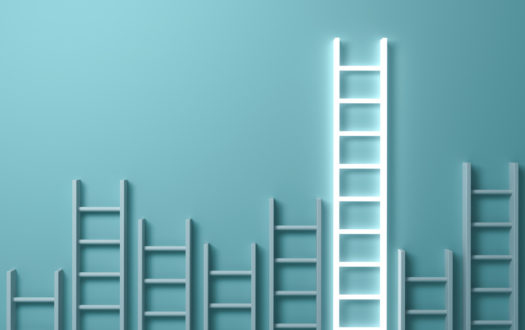 Stand out from the crowd and different creative idea concepts , Longest ladder glowing among other short ladders on light green background with shadows . 3D rendering.