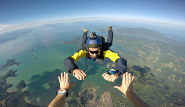 Skydiver point of view above the beach